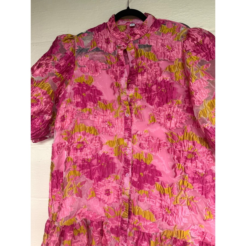 Pink Floral Burnout Organza Dress Puff Sleeve chic Ruffle XL whimsical wedding